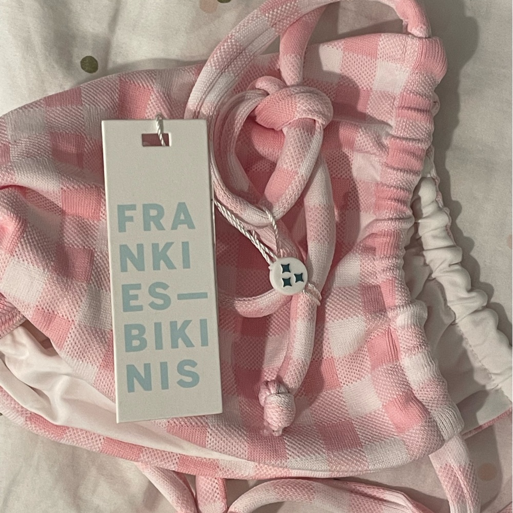 Frankies Bikinis Pink Picnic Gingham Halter String Bikini Top